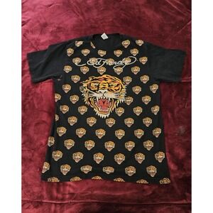 VTG/90s ED HARDY Tiger Print‎ Short Sleeve Shirt Black Orange Medium HOLLYWOOD